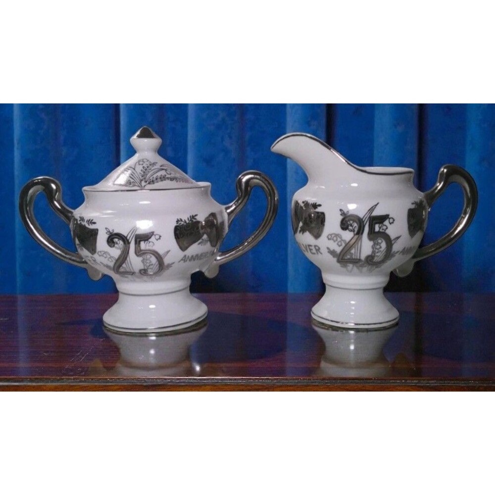 VTG Norcrest Fine China 25th Silver Anniversary Sugar & Creamer Set L-258 Floral